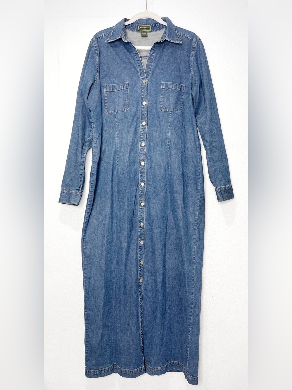Vintage Eddie Bauer Denim Maxi Shirt Jean Dress Long Sleeve Button Front Tall L